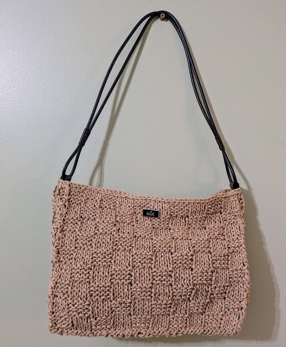 The Sak Beige Taupe Khaki Shoulder Bag Woven Crochet Tan
